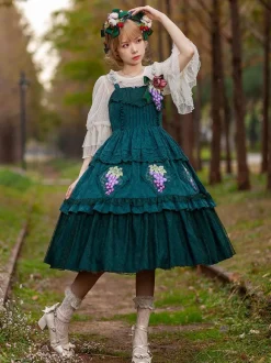 Classical Lolita Dress Cotton Lace Lolita Dresses Sleeveless Floral Print Dark Green