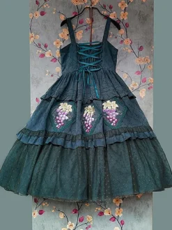 Classical Lolita Dress Cotton Lace Lolita Dresses Sleeveless Floral Print Dark Green