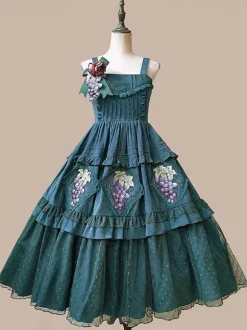 Classical Lolita Dress Cotton Lace Lolita Dresses Sleeveless Floral Print Dark Green