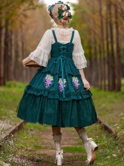 Classical Lolita Dress Cotton Lace Lolita Dresses Sleeveless Floral Print Dark Green