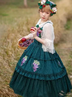 Classical Lolita Dress Cotton Lace Lolita Dresses Sleeveless Floral Print Dark Green