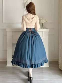 Classical Lolita Dress Dark Navy OP Polyester Lace Up Long Sleeves Lolita Dresses Set