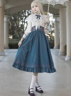 Classical Lolita Dress Dark Navy OP Polyester Lace Up Long Sleeves Lolita Dresses Set