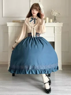 Classical Lolita Dress Dark Navy OP Polyester Lace Up Long Sleeves Lolita Dresses Set