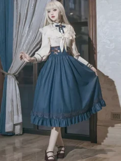 Classical Lolita Dress Dark Navy OP Polyester Lace Up Long Sleeves Lolita Dresses Set