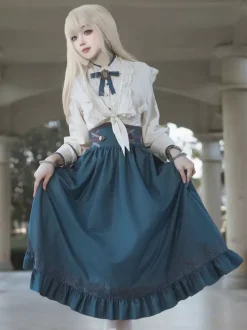 Classical Lolita Dress Dark Navy OP Polyester Lace Up Long Sleeves Lolita Dresses Set