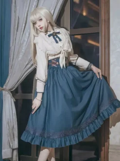 Classical Lolita Dress Dark Navy OP Polyester Lace Up Long Sleeves Lolita Dresses Set