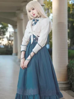 Classical Lolita Dress Dark Navy OP Polyester Lace Up Long Sleeves Lolita Dresses Set