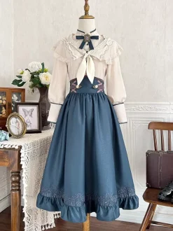 Classical Lolita Dress Dark Navy OP Polyester Lace Up Long Sleeves Lolita Dresses Set