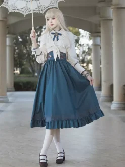 Classical Lolita Dress Dark Navy OP Polyester Lace Up Long Sleeves Lolita Dresses Set