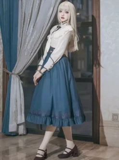 Classical Lolita Dress Dark Navy OP Polyester Lace Up Long Sleeves Lolita Dresses Set