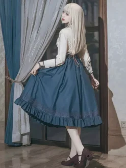 Classical Lolita Dress Dark Navy OP Polyester Lace Up Long Sleeves Lolita Dresses Set