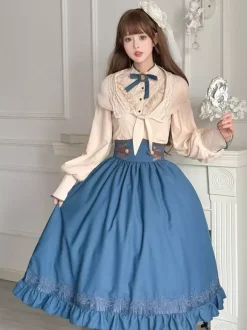 Classical Lolita Dress Dark Navy OP Polyester Lace Up Long Sleeves Lolita Dresses Set