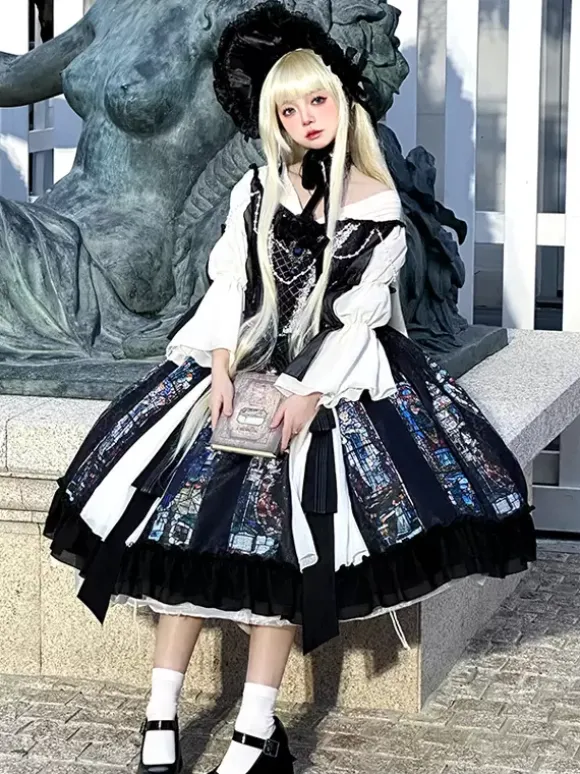 Classical Lolita Dress Long Sleeves Jacquard Lolita Dresses Gothic Black