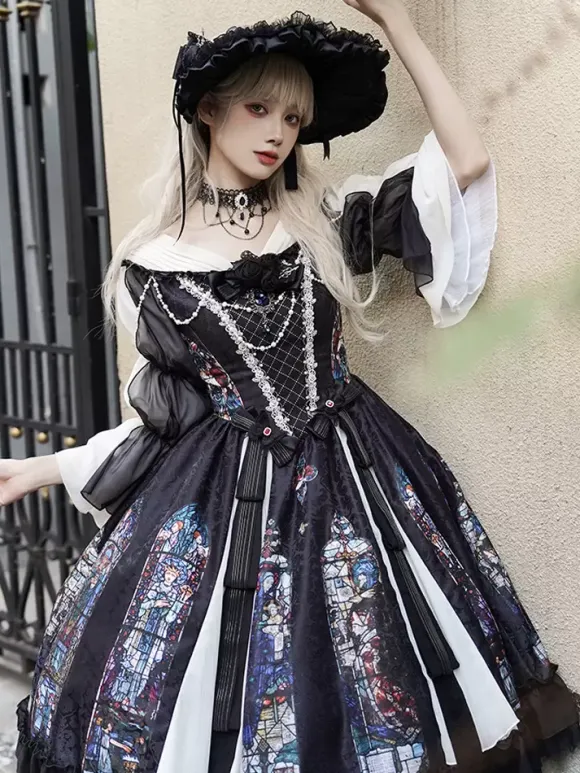 Classical Lolita Dress Long Sleeves Jacquard Lolita Dresses Gothic Black