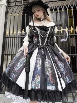 Classical Lolita Dress Long Sleeves Jacquard Lolita Dresses Gothic Black