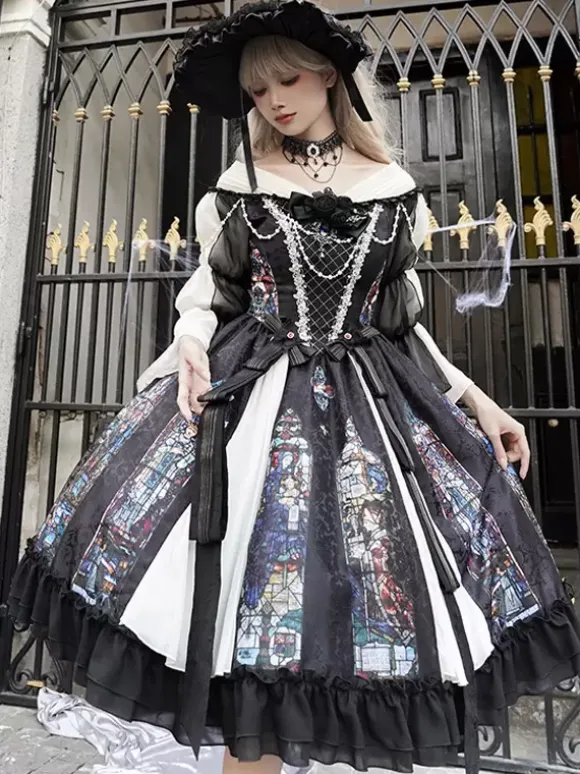 Classical Lolita Dress Long Sleeves Jacquard Lolita Dresses Gothic Black