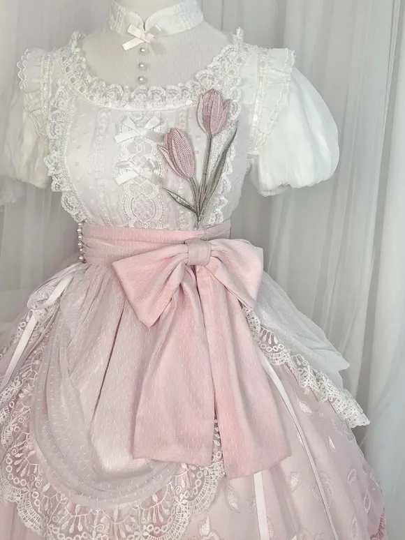 Classical Lolita Dress Polyester Short Sleeves Lolita Dresses Floral Print Classic Pink