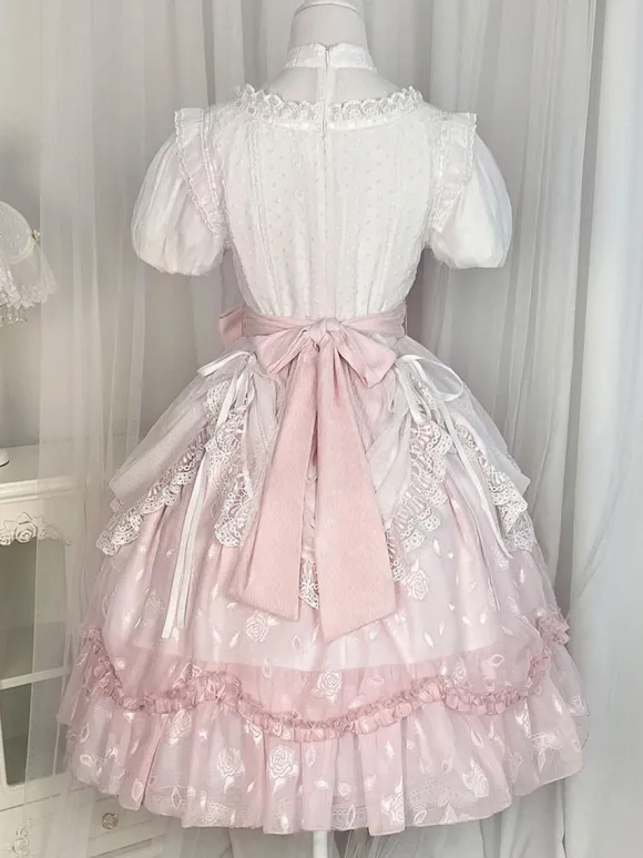 Classical Lolita Dress Polyester Short Sleeves Lolita Dresses Floral Print Classic Pink