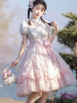 Classical Lolita Dress Polyester Short Sleeves Lolita Dresses Floral Print Classic Pink