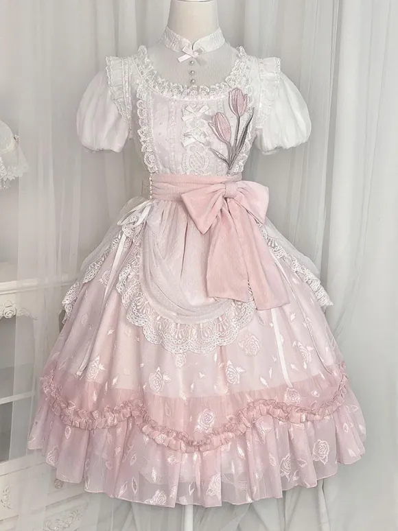 Classical Lolita Dress Polyester Short Sleeves Lolita Dresses Floral Print Classic Pink
