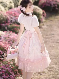 Classical Lolita Dress Polyester Short Sleeves Lolita Dresses Floral Print Classic Pink