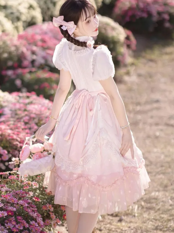 Classical Lolita Dress Polyester Short Sleeves Lolita Dresses Floral Print Classic Pink