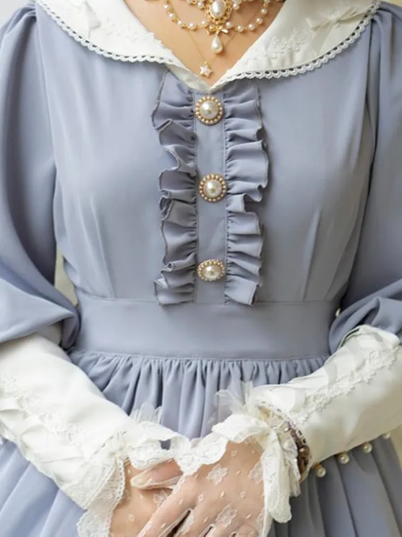 Classical Lolita Dress Polyester Ruffles Lolita Dresses Long Sleeves Classic Baby Blue