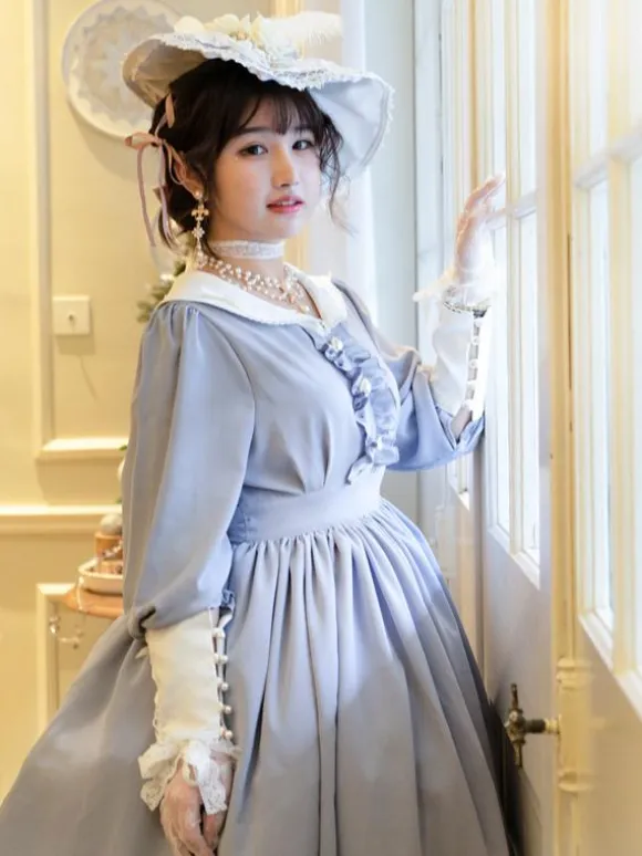 Classical Lolita Dress Polyester Ruffles Lolita Dresses Long Sleeves Classic Baby Blue