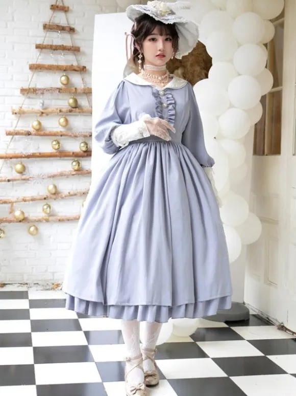 Classical Lolita Dress Polyester Ruffles Lolita Dresses Long Sleeves Classic Baby Blue