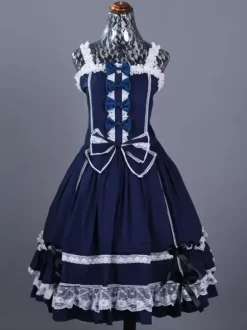 Classical Lolita Dress Polyester Sleeveless Lolita Dresses Color Block Gothic Blue