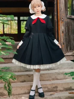 Classical Lolita Dress Polyester Knotted Long Sleeves Lolita Dresses Classic Tan