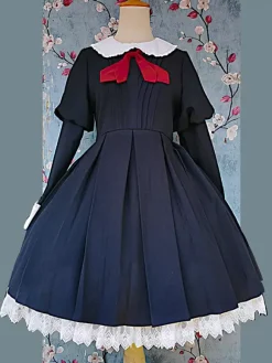 Classical Lolita Dress Polyester Knotted Long Sleeves Lolita Dresses Classic Tan