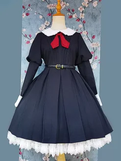 Classical Lolita Dress Polyester Knotted Long Sleeves Lolita Dresses Classic Tan