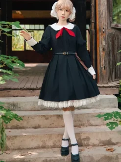 Classical Lolita Dress Polyester Knotted Long Sleeves Lolita Dresses Classic Tan