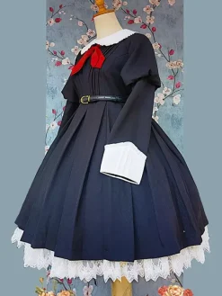 Classical Lolita Dress Polyester Knotted Long Sleeves Lolita Dresses Classic Tan