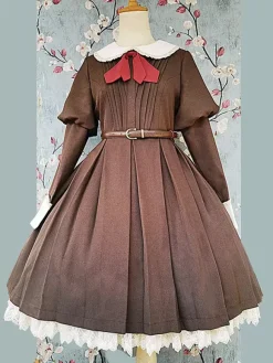 Classical Lolita Dress Polyester Knotted Long Sleeves Lolita Dresses Classic Tan
