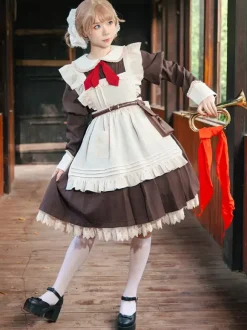 Classical Lolita Dress Polyester Knotted Long Sleeves Lolita Dresses Classic Tan
