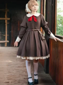 Classical Lolita Dress Polyester Knotted Long Sleeves Lolita Dresses Classic Tan