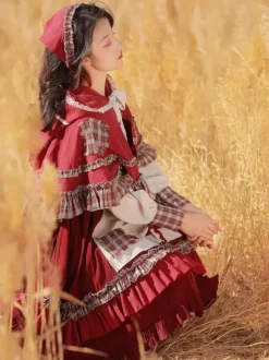 Classical Lolita Dress Ruffles Long Sleeves Plaid Lolita Dresses Classic Burgundy