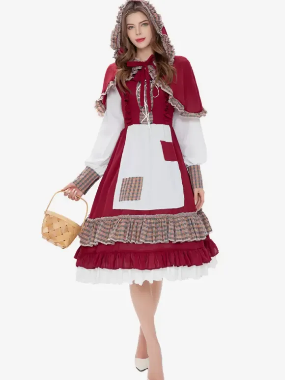 Classical Lolita Dress Ruffles Long Sleeves Plaid Lolita Dresses Classic Burgundy