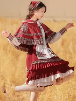 Classical Lolita Dress Ruffles Long Sleeves Plaid Lolita Dresses Classic Burgundy