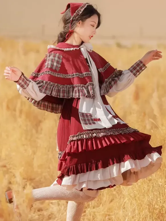 Classical Lolita Dress Ruffles Long Sleeves Plaid Lolita Dresses Classic Burgundy