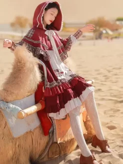 Classical Lolita Dress Ruffles Long Sleeves Plaid Lolita Dresses Classic Burgundy