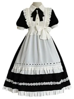 Classical Lolita OP Dress 2-Piece Set Black Dress White Apron Ruffles Bows Color Block Bow Maid Dress