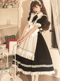 Classical Lolita OP Dress 2-Piece Set Black Dress White Apron Ruffles Bows Color Block Bow Maid Dress
