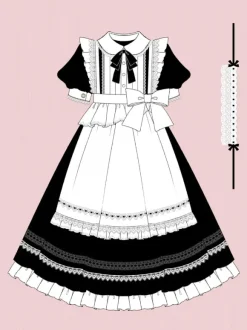 Classical Lolita OP Dress 2-Piece Set Black Dress White Apron Ruffles Bows Color Block Bow Maid Dress