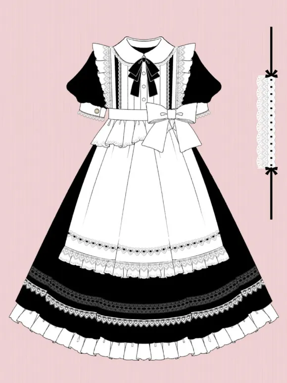 Classical Lolita OP Dress 2-Piece Set Black Dress White Apron Ruffles Bows Color Block Bow Maid Dress