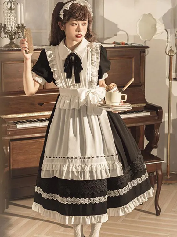 Classical Lolita OP Dress 2-Piece Set Black Dress White Apron Ruffles Bows Color Block Bow Maid Dress
