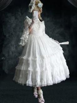 Classical Lolita OP Dress 4-Piece Set White Ruffles Long Sleeve Sweet Lolita One Piece Dresses